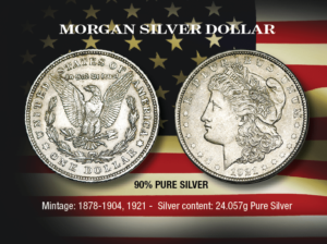 Morgan Silver Dollar (1921), United States of America, E Pluribus Unum, In God We Trust; Mintage: 1878-1904, 1921; Silver Content: 24.057g Pure Silver