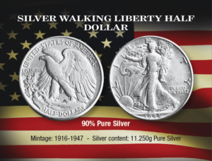 Walking Liberty Silver Half-Dollar (1944), United States of America, E Pluribus Unum, In God We Trust; Mintage: 1916-1947; Silver Content: 11.250g Pure Silver