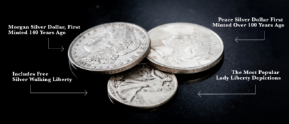 America's Greatest Silver Dollars Set; Morgan Silver Dollar, fist minted 140 years ago; Peace Silver Dollar, first minted over 100 years ago; Includes a Free Silver Walking Liberty Half-Dollar