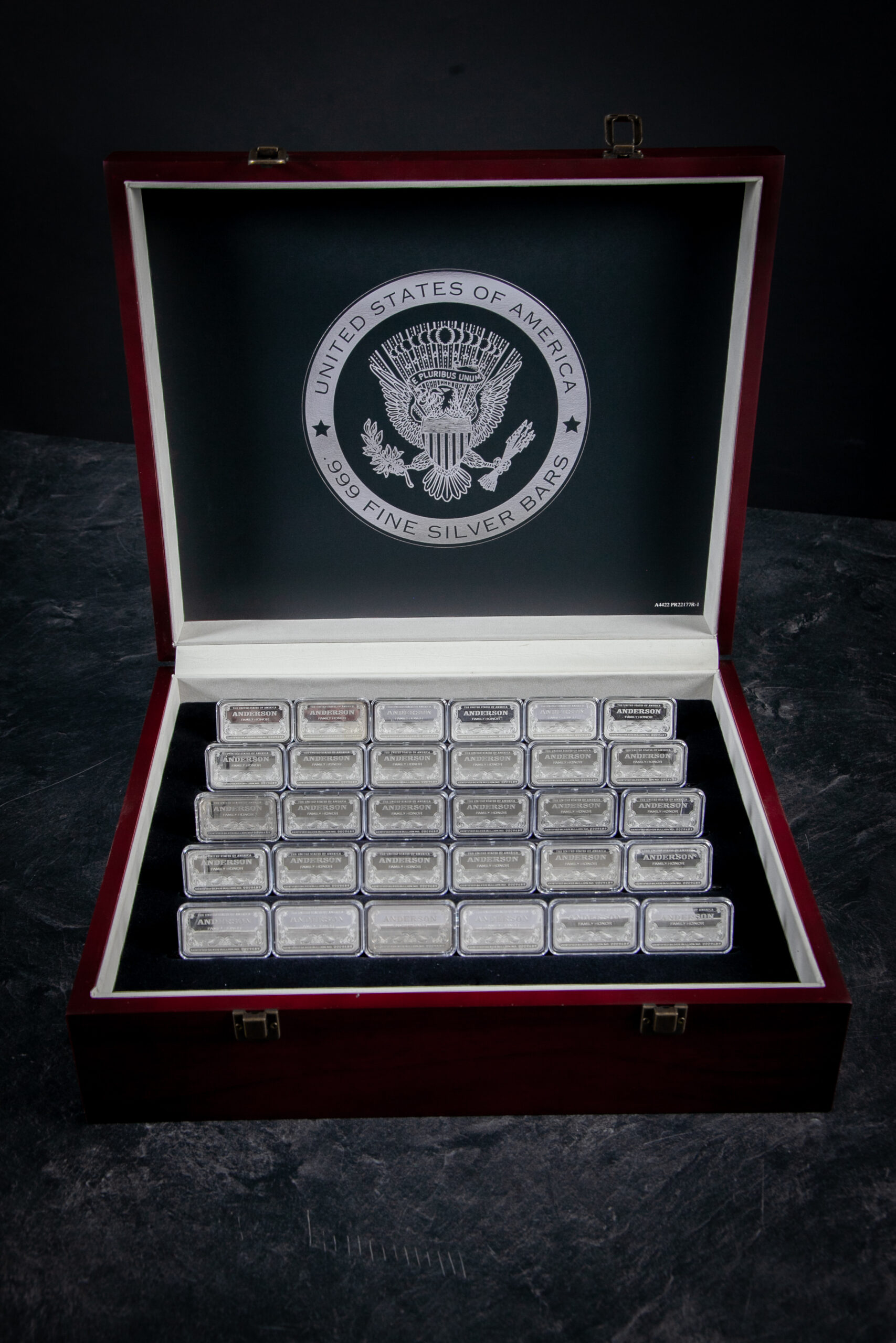 Wooden Display Chest with 30 Personalized Silver Bars, .999 Fine Silver, Elevated View