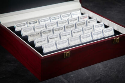 Wooden Display Chest with 30 Personalized Silver Bars, .999 Fine Silver, Close-Up View