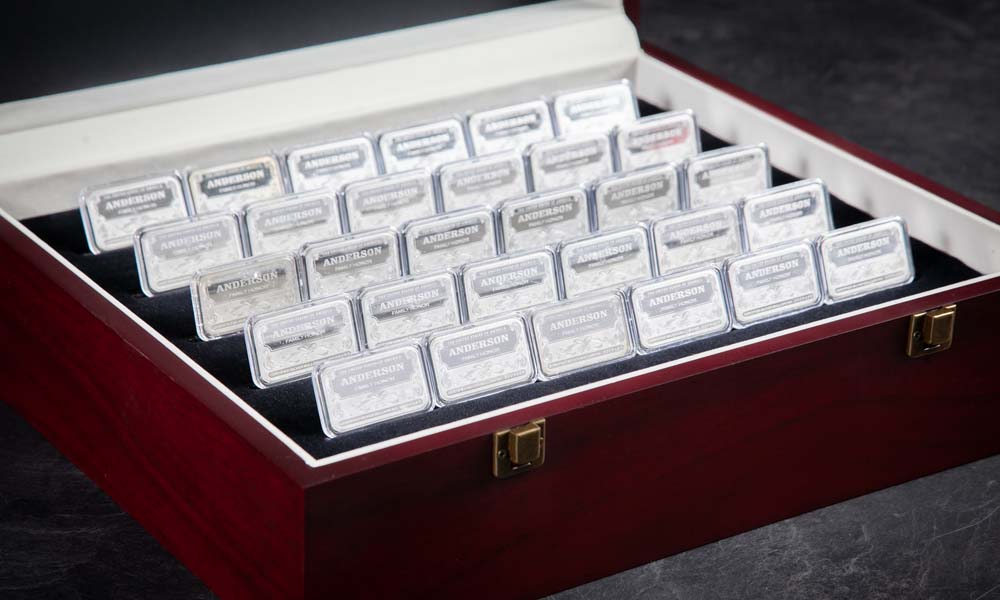 Wooden Display Chest with 30 Personalized Silver Bars, .999 Fine Silver, Close-Up View