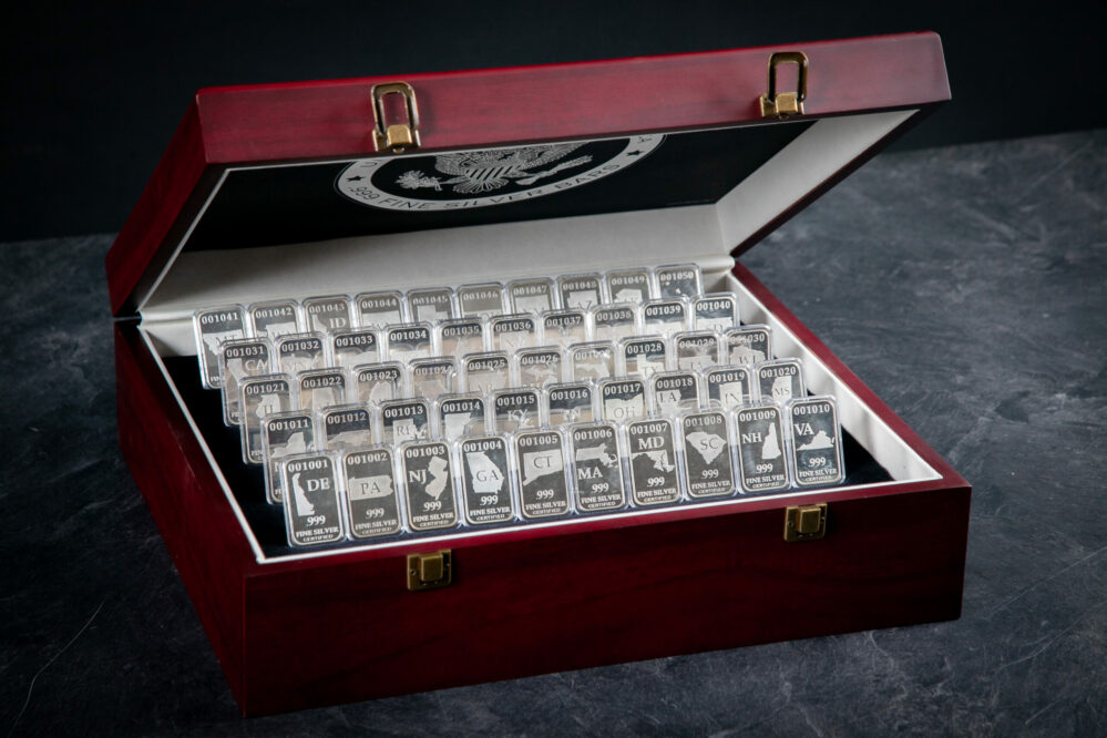 Wooden Display Chest with All 50-States Silver Bars, One of Each State, .999 Fine Silver, Elevated View