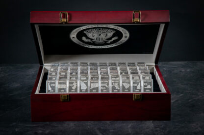 Wooden Display Chest with All 50-States Silver Bars, One of Each State, .999 Fine Silver, Straight-On View