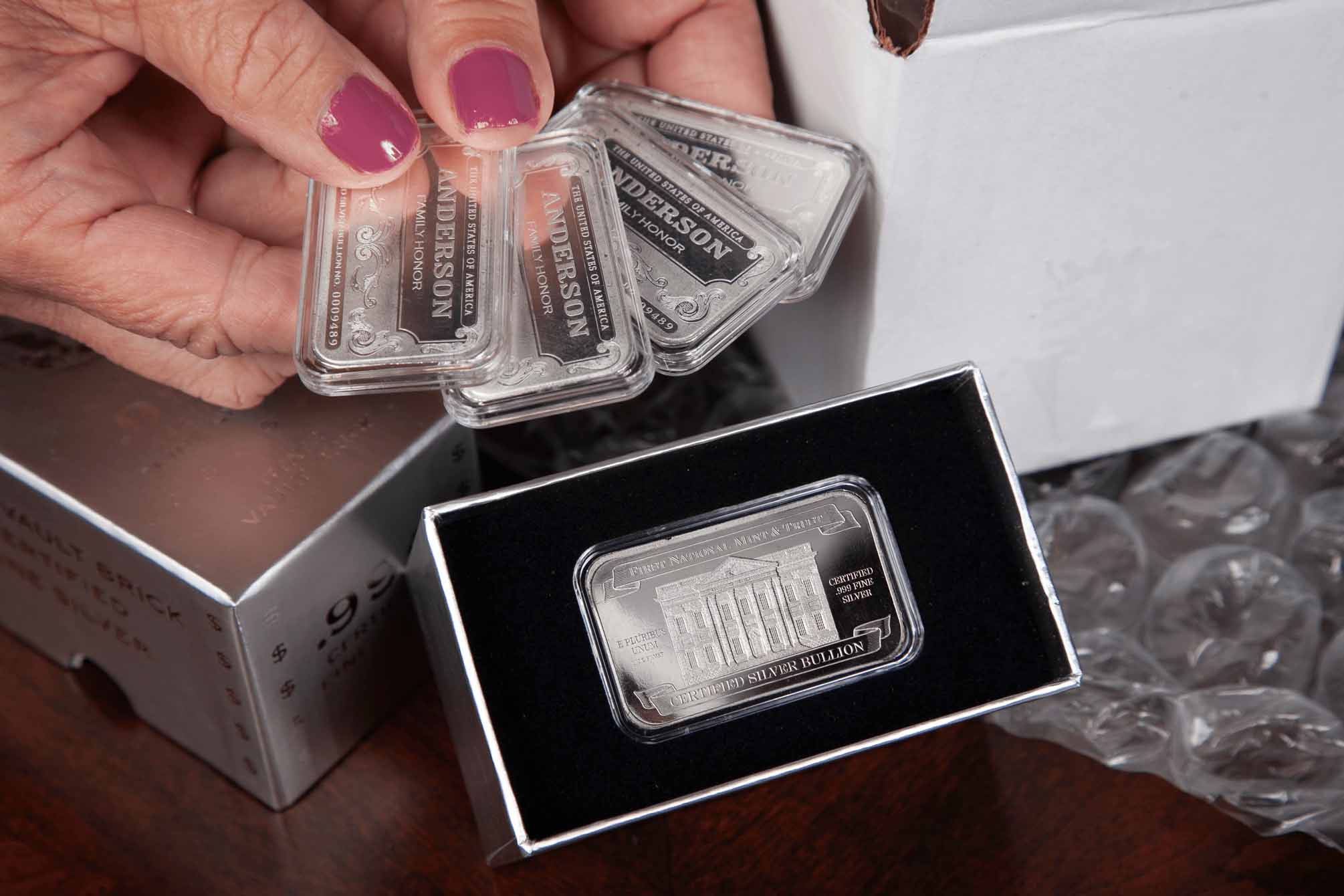 'Personalized Name' Family Honor Silver Bars Displayed in Hand, Certified .999 Fine Silver, First National Mint and Trust, Opening Packaging