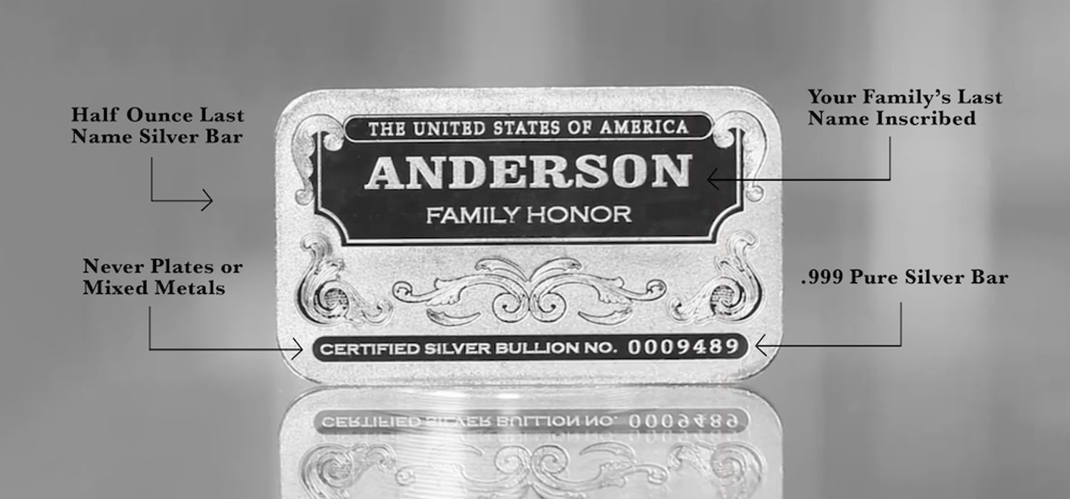 'Personalized Name' Family Honor Silver Bars, Half-Ounce Silver Bar, Your Family's Last Name Inscribed, Never Plates of Mixed Metals, Certified .999 Fine Silver Bullion
