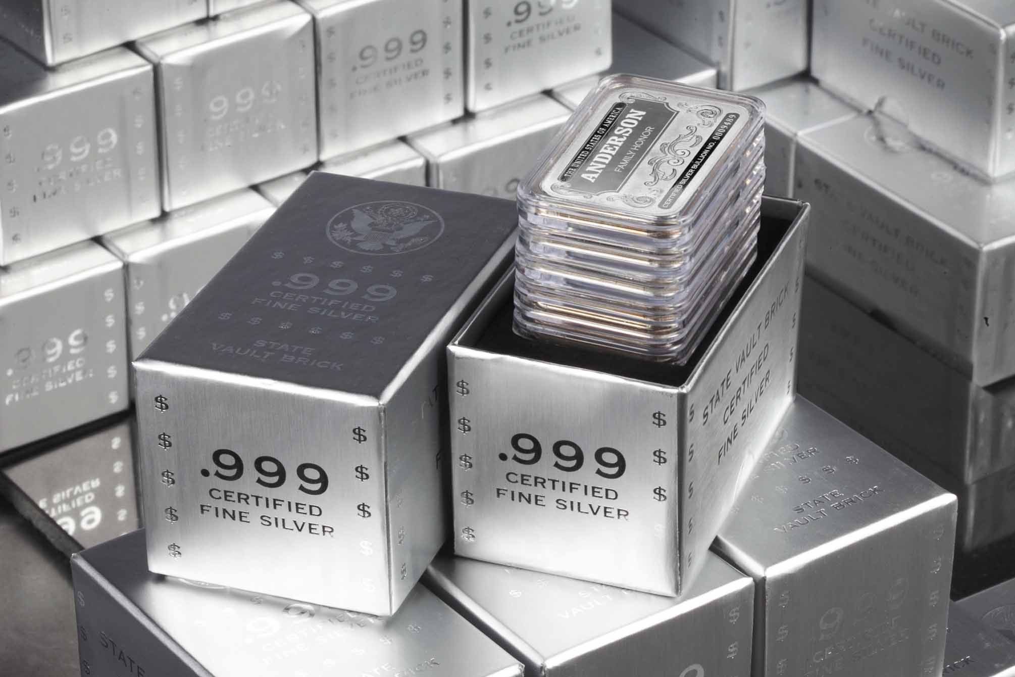 'Personalized Name' Family Honor Silver Bars, Stack of 5 in a Vault Brick Box, .999 Certified Fine Silver