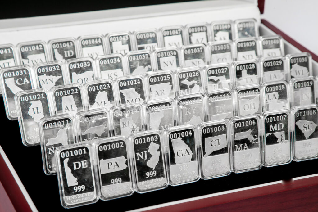 All 50-States Silver Bars, One of Each State, .999 Fine Silver, Close-Up View