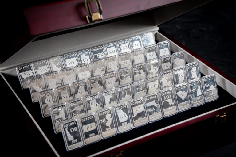 Wooden Display Chest with All 50-States Silver Bars, One of Each State, .999 Fine Silver, Close-Up View