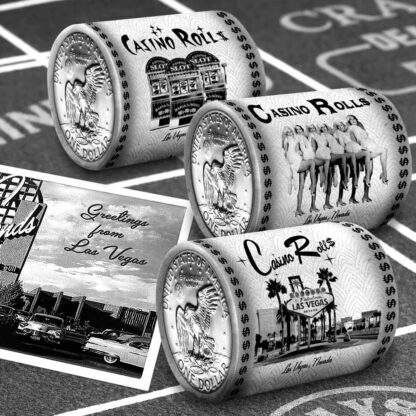 A set of 3 Casino Rolls on a craps table with a "Greetings from Las Vegas" postcard.