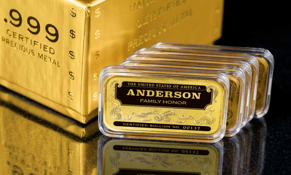 'Personalized Name' Family Honor Gold-Plated Silver Bars, Stack of 5 next to a Golden Vault Brick Box, Certified 24K Gold-Plated .999 Fine Silver Bullion