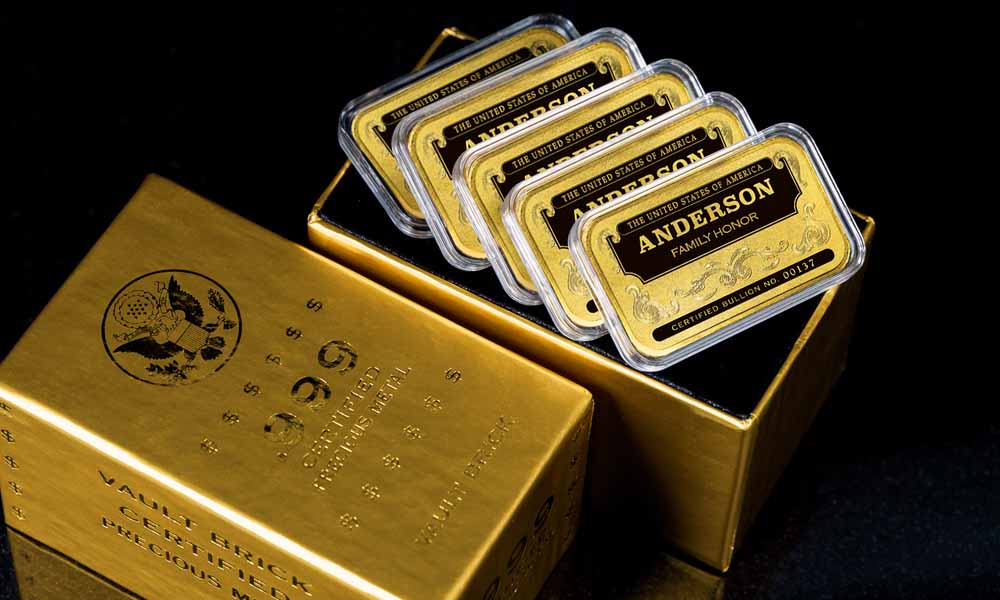 'Personalized Name' Family Honor Gold-Plated Silver Bars, Stack of 5 next to a Golden Vault Brick Box, Certified 24K Gold-Plated .999 Fine Silver Bullion