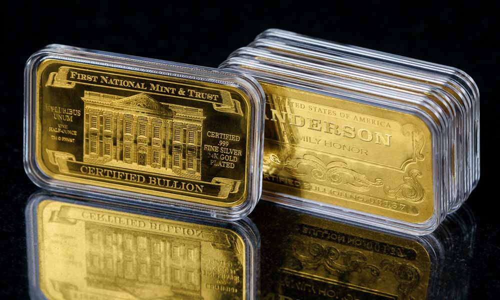 'Personalized Name' Family Honor Gold-Plated Silver Bars, Front Side with First National Mint and Trust, Certified 24K Gold-Plated .999 Fine Silver Bullion