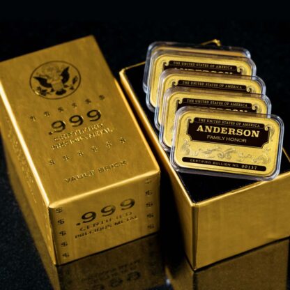 'Personalized Name' Family Honor Gold-Plated Silver Bars, Stack of 5 in Golden Vault Brick Box, Certified 24K Gold-Plated .999 Fine Silver Bullion