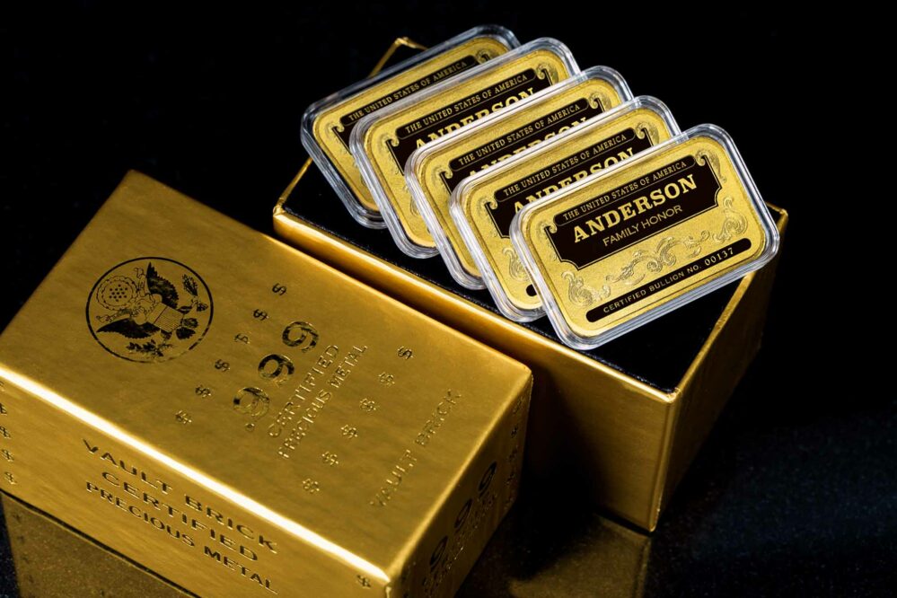 'Personalized Name' Family Honor Gold-Plated Silver Bars, Stack of 5 in Golden Vault Brick Box, Certified 24K Gold-Plated .999 Fine Silver Bullion