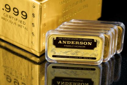 'Personalized Name' Family Honor Gold-Plated Silver Bars, Stack of 5 next to a Golden Vault Brick Box, Certified 24K Gold-Plated .999 Fine Silver Bullion