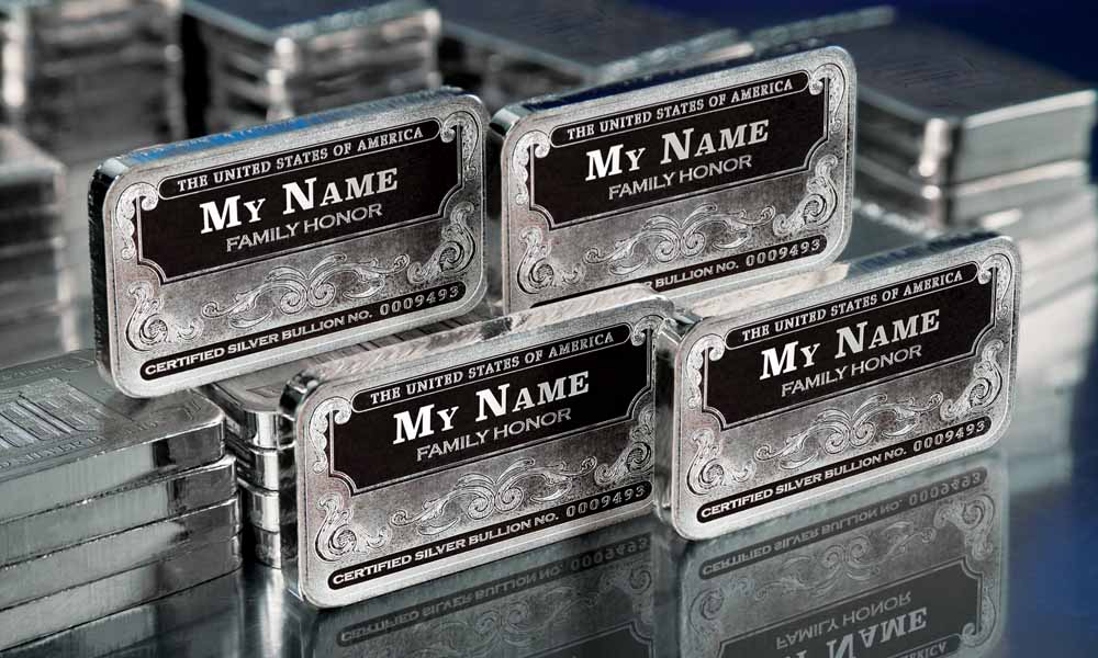 5oz Mega 'Personalized Name' Family Honor Silver Bars, Certified Silver Bullion