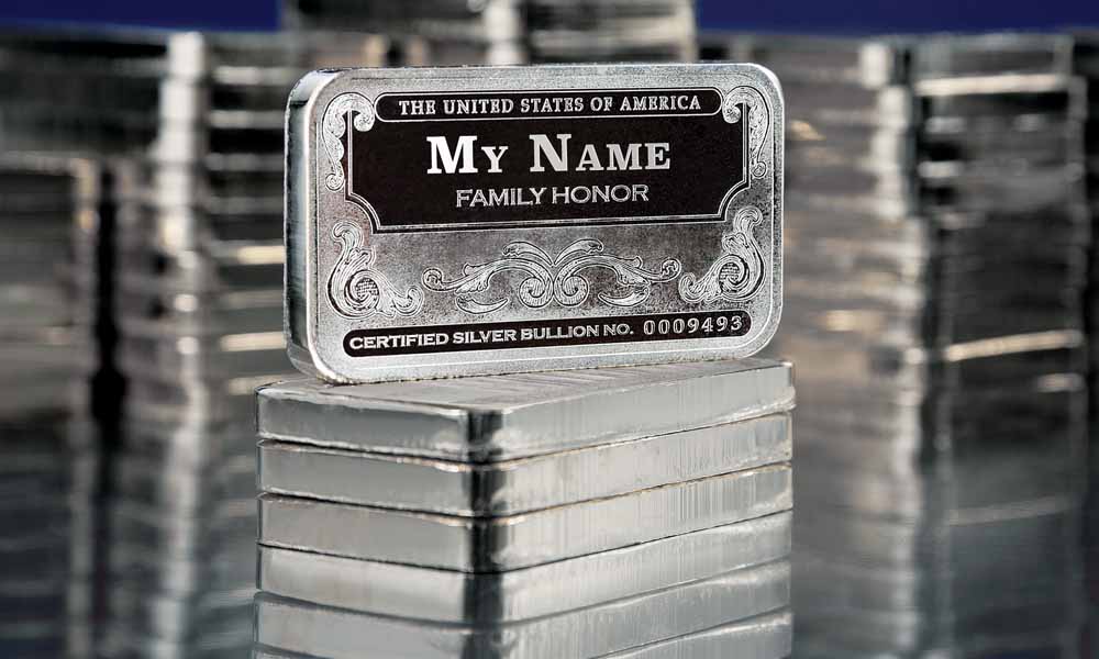 5oz Mega Stack of 'Personalized Name' Family Honor Silver Bars, Certified Silver Bullion