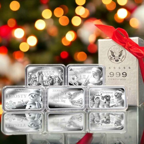 Christmas Silver Bars, 5-Bar Set (Nativity, Saint Nick, Frosty, The Angels, and Loyal Friends), .999 Fine Silver