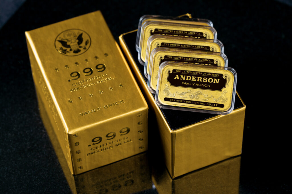 'Personalized Name' Family Honor Gold-Plated Silver Bars, Stack of 5 in Golden Vault Brick Box, Certified 24K Gold-Plated .999 Fine Silver Bullion