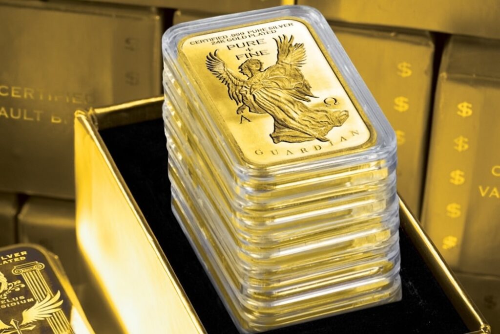 Angelus Praesidium Ingot Bar, Stack of 5, Certified .999 Fine Silver, 24K Gold Plated