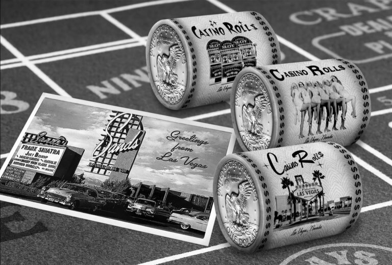 Greetings from Las Vegas postcard - Sands Hotel, with 3 Casino Rolls (Slots, Showgirls, & Vegas Sign) on a craps table