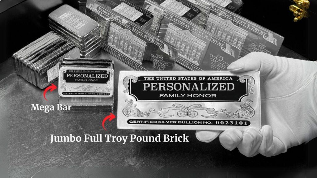 Personalized Mega Silver Bar (5 Troy Ounces) and Personalized Jumbo Silver Brick (Full Troy Pound), Certified .999 Fine Silver, Minted and Made in USA