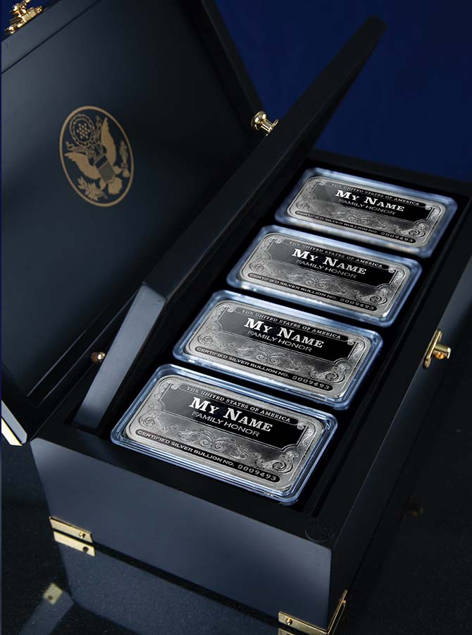 Box Set of 4 'Personalized Name' Family Honor Mega & Jumbo Silver Bars, Certified Silver Bullion