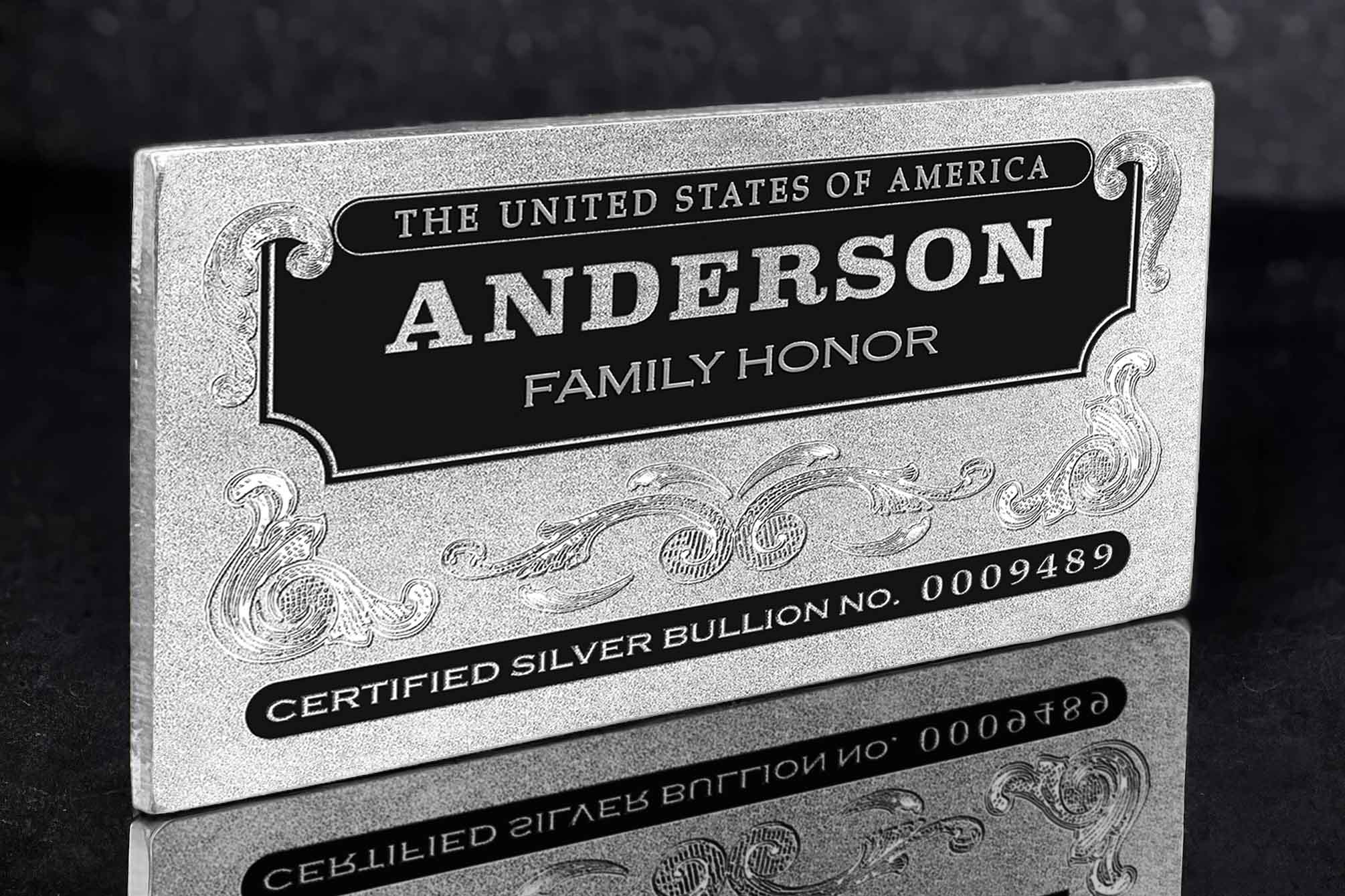 12oz Jumbo 'Personalized Name' Family Honor Silver Bars, Certified Silver Bullion