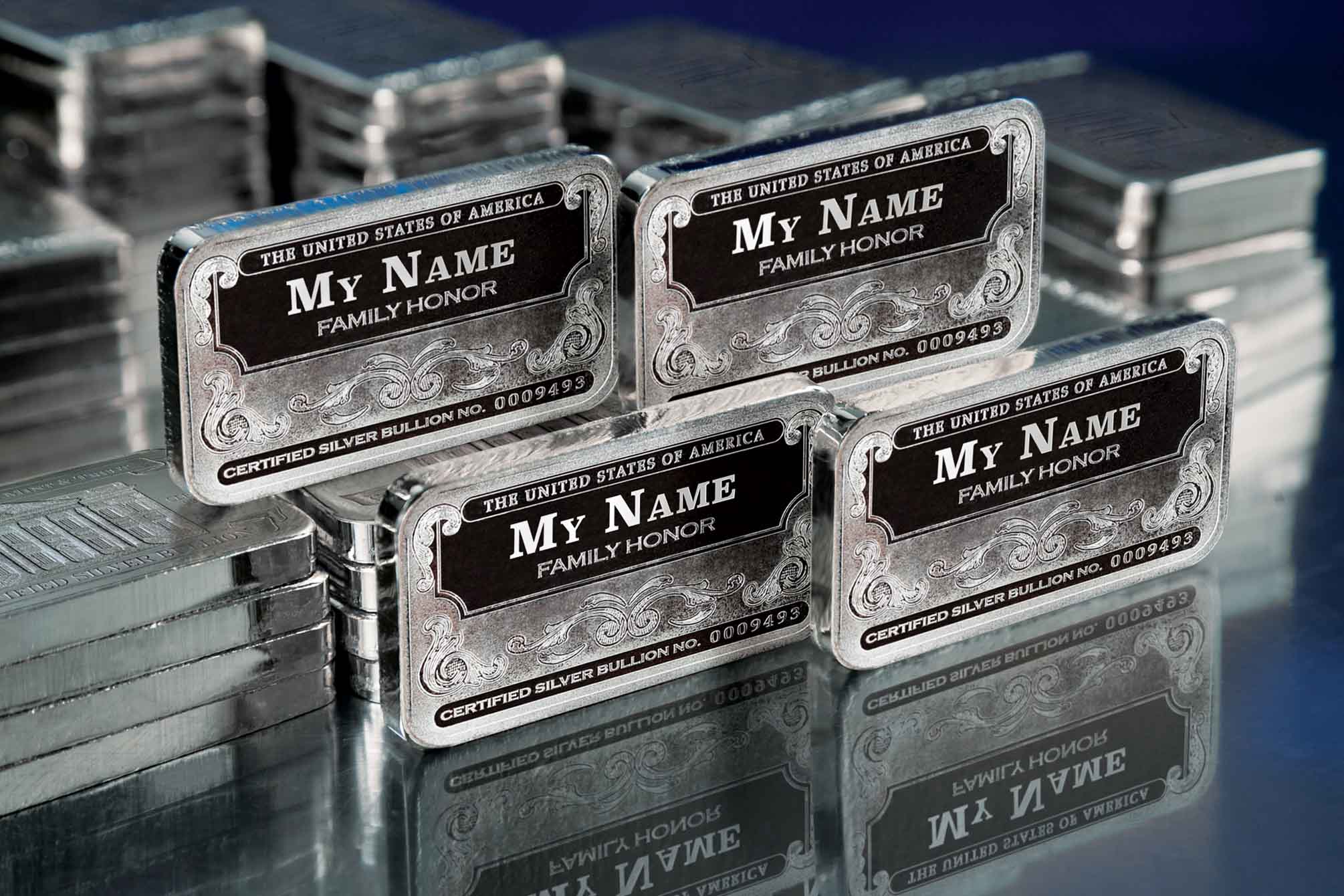 5oz Mega 'Personalized Name' Family Honor Silver Bars, Certified Silver Bullion