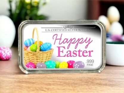 "Happy Easter" with Colorized Easter Eggs, US Certified Silver Bullion, .999 Fine