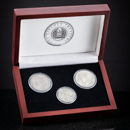 America's Greatest Silver Dollars Set in a wooden display case, The Lincoln Treasury