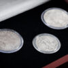 America's Greatest Silver Dollars Set in a wooden display case - Close-Up