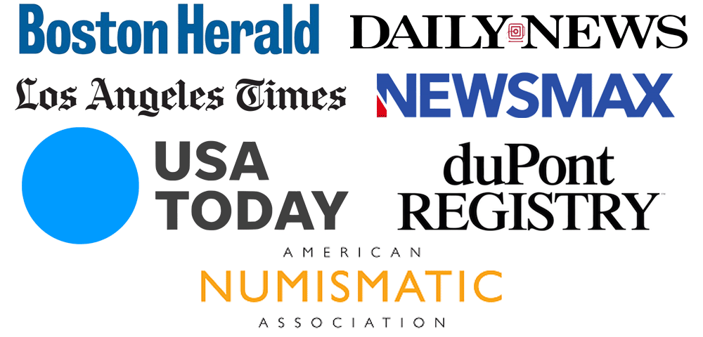 Logos of 'Boston Herald', 'Daily News', 'Los Angeles Times', 'Newsmax', 'USA Today', 'duPont Registry', and 'American Numismatic Association'