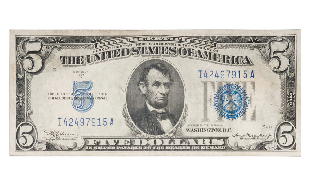 $5 US Treasury Blue Seal Silver Certificate, Abraham Lincoln's Face, 1934 Series