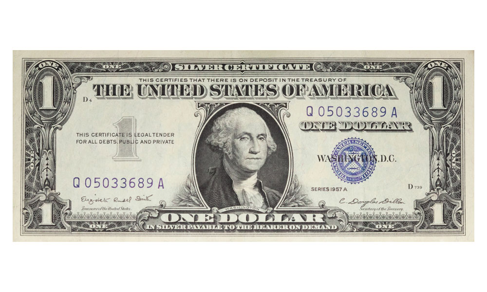 $1 US Treasury Blue Seal Silver Certificate, George Washington's Face, 1957 Series