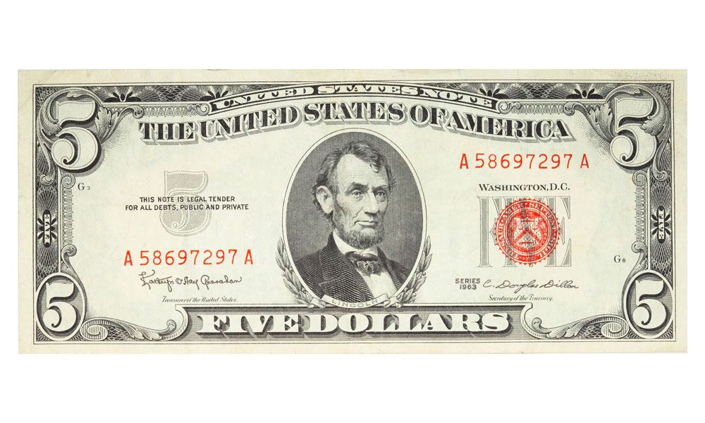 $5 US Treasury Red Seal Note, Abraham Lincoln's Face, 1963 Series