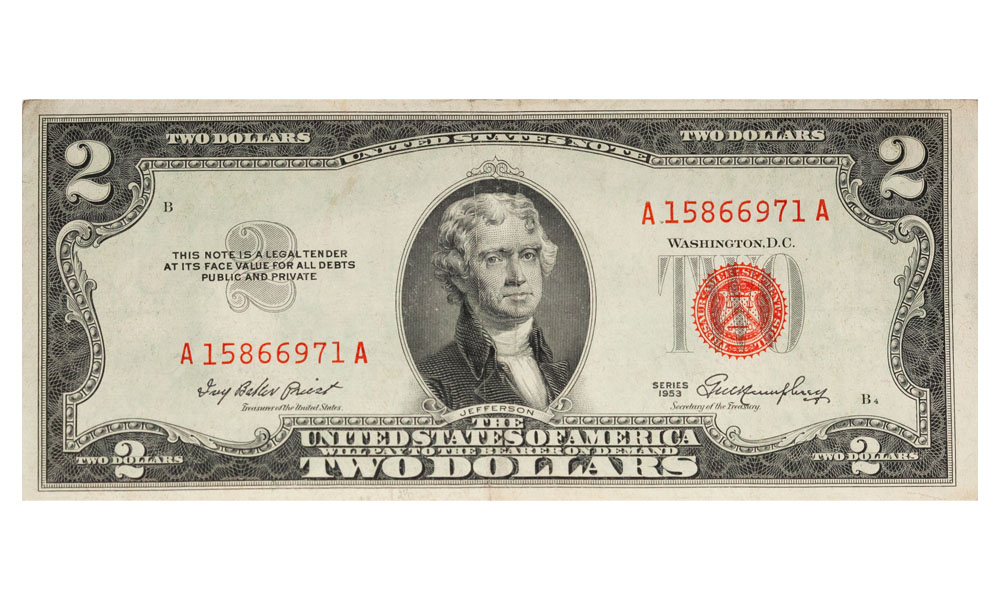 $2 US Treasury Red Seal Note, Thomas Jefferson's Face, 1953 Series