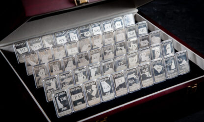 Wooden Display Chest with All 50-States Silver Bars, One of Each State, .999 Fine Silver, Close-Up View