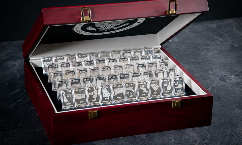 Wooden Display Chest with All 50-States Silver Bars, One of Each State, .999 Fine Silver, Elevated View