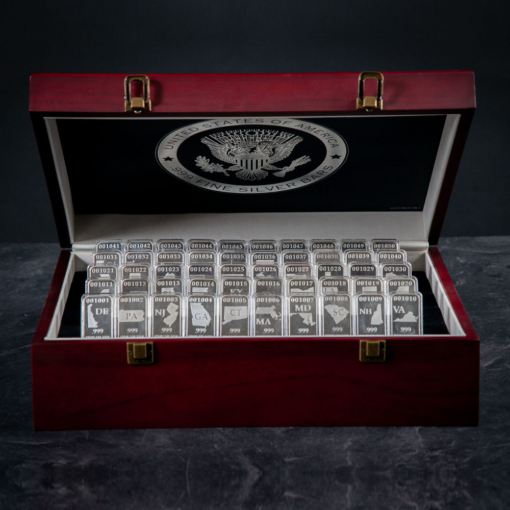 Wooden Display Chest with All 50-States Silver Bars, One of Each State, .999 Fine Silver, Straight-On View