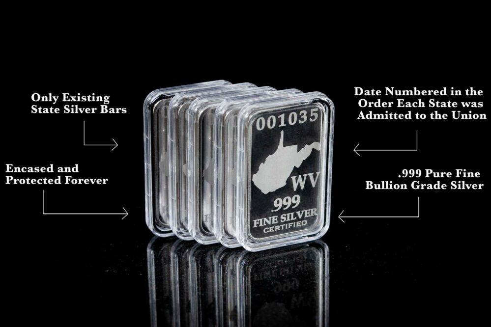 Only Existing State Silver Bars on the Market, Date Numbered in Order of Each State's Admittance to the Union, .999 Fine Silver Bullion