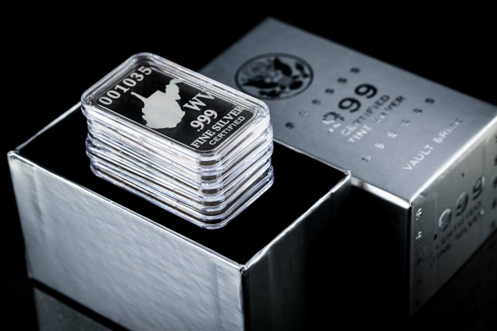 5 State Silver Bars in a Vault Brick Box, .999 Fine Silver