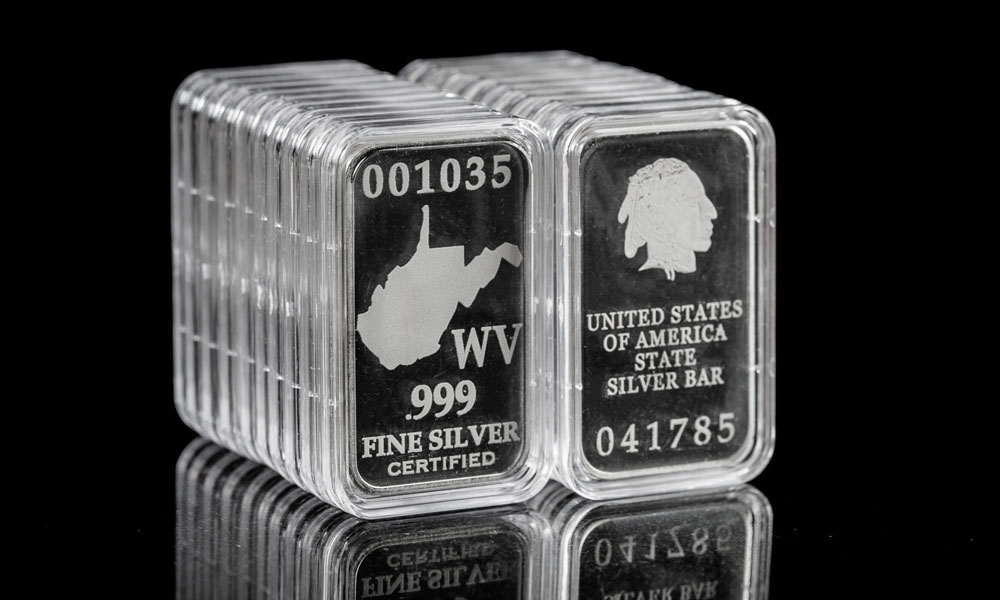 20 State Silver Bars, .999 Fine Silver; Indian Head and "United States of America State Silver Bar" on Reverse Side