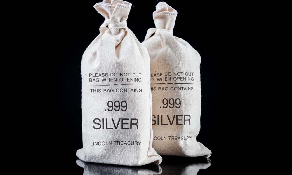 Two 50-Bar State Silver Vault Bags, "This Bag Contains .999 Silver", Lincoln Treasury