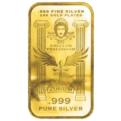 Angelus Praesidium Ingot Bar; Grecian Columns flanking an Angel's face and a crucifix with wings, Back view, .999 Fine Silver, 24K Gold Plated