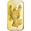 Angelus Praesidium Ingot Bar; An Angel figure with arm outstretched, flanked by the Alpha and Omega symbols, "Guardian" below the figure, Front view, Certified .999 Fine Silver, 24K Gold Plated