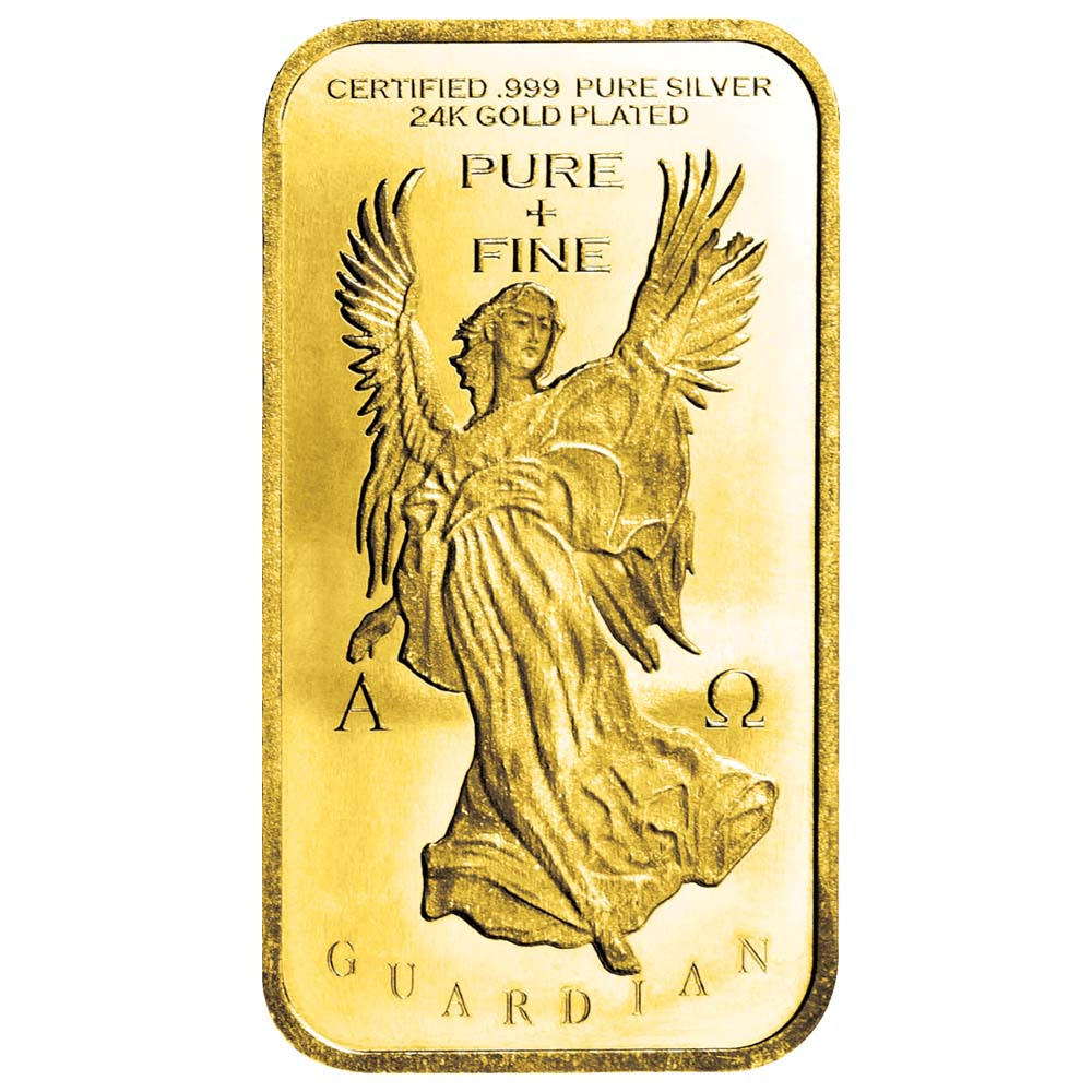 Angelus Praesidium Ingot Bar; An Angel figure with arm outstretched, flanked by the Alpha and Omega symbols, "Guardian" below the figure, Front view, Certified .999 Fine Silver, 24K Gold Plated