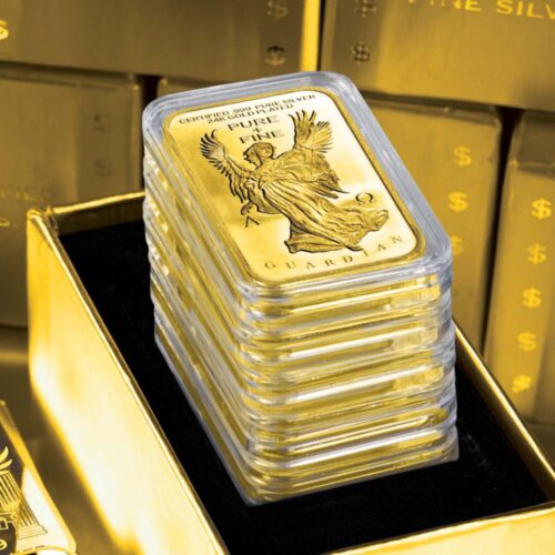 Angelus Praesidium Ingot Bar, Stack of 5, Certified .999 Fine Silver, 24K Gold Plated