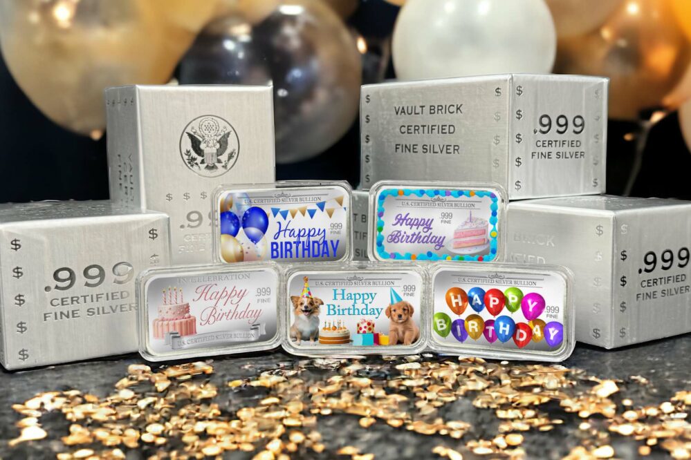 Full Set of 5 Birthday Bars in Color; Balloon, Puppy Party, In Celebration, Birthday Cake, and Birthday Banner; U.S. Certified Silver Bullion, .999 Fine